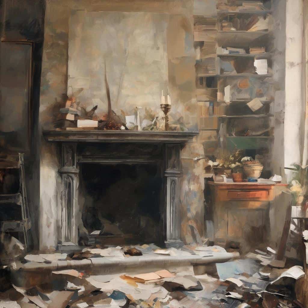 Χαρακτηριστική εικόνα εσωτερικού χώρου με παραδοσιακή διακόσμηση και τζάκι, αποτυπώνει την σχέση τέχνης και ιστορίας της μόδας.