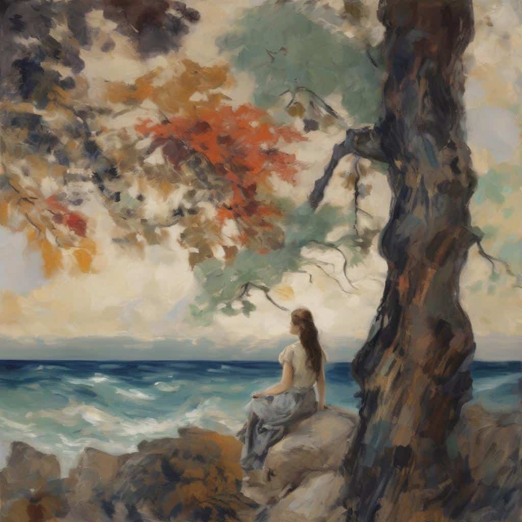 Παρηγορητική νεαρή γυναίκα κάθεται σε βράχο κάτω από δέντρο με φθινοπωρινά φύλλα, θάλασσα και ουρανό στο παραθαλάσσιο τοπίο.