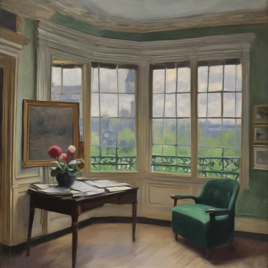 Αντίκες και έργα τέχνης σε εσωτερικό με παράθυρα, πίνακες και λουλούδια, αντικείμενα τέχνης και ιστορομική διακόσμηση.
