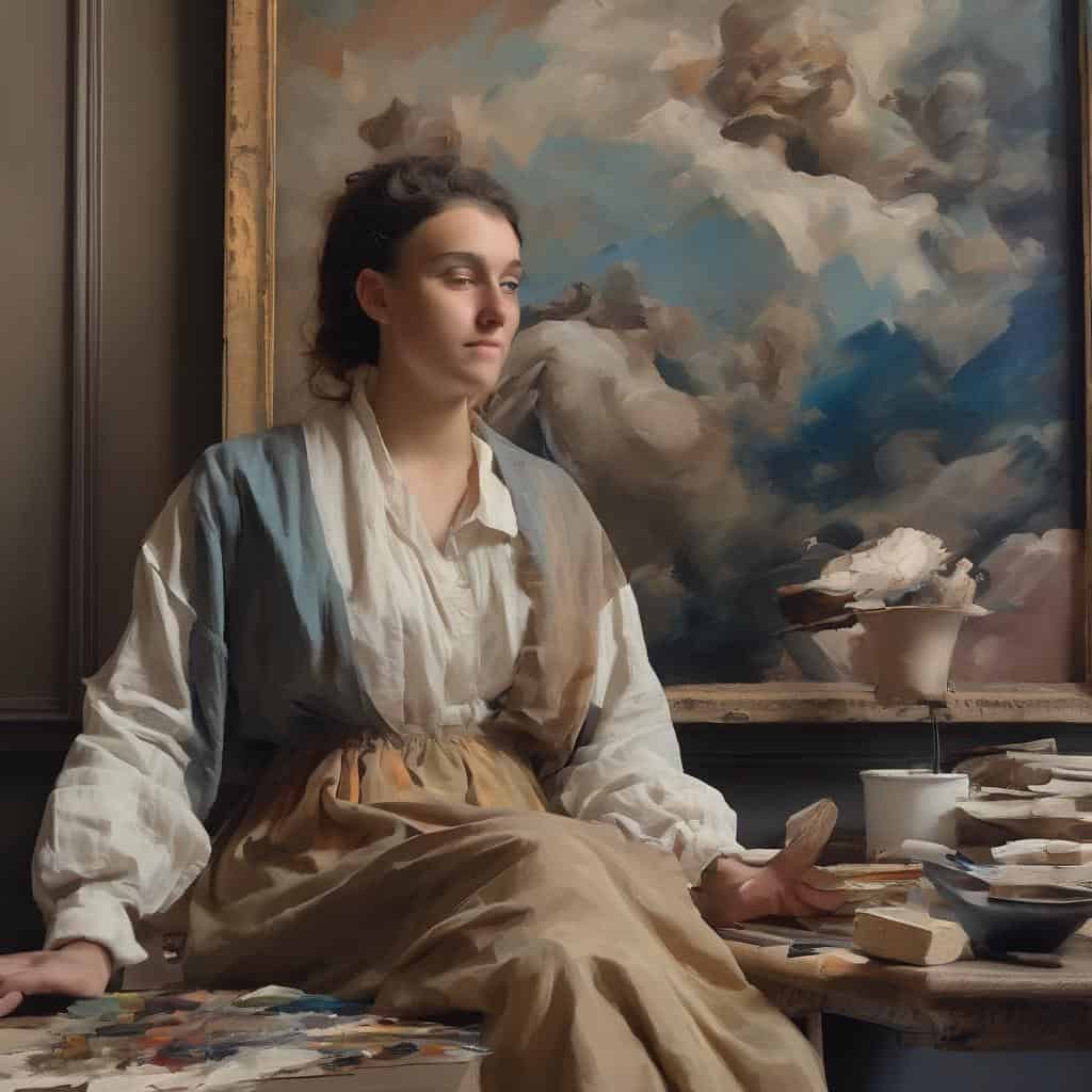 Ορχηστρική νεαρή γυναίκα ζωγραφίζει σε άνετο στούντιο τέχνης, συνδυάζοντας την τέχνη και τη μόδα στην ιστορία της.