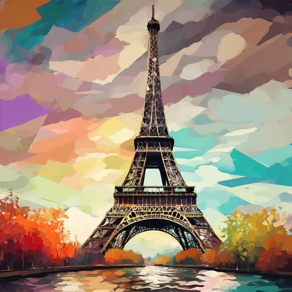 Κατασκευασμένο από τρισδιάστατη ψηφιακή τέχνη της Πύργος του Άιφελ με χρωματικά εφέ και καμβά που αποδίδει την ιστορία της μόδας και την τέχνη.