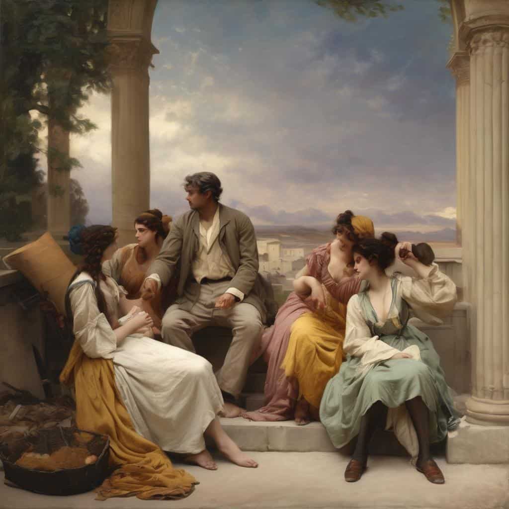 λεπτομερή ψηφιακή αναπαράσταση χορευτών σε σκηνικό αρχαίας Αθήνας, εμπνευσμένο από την ιστορία της μόδας και τέχνη.