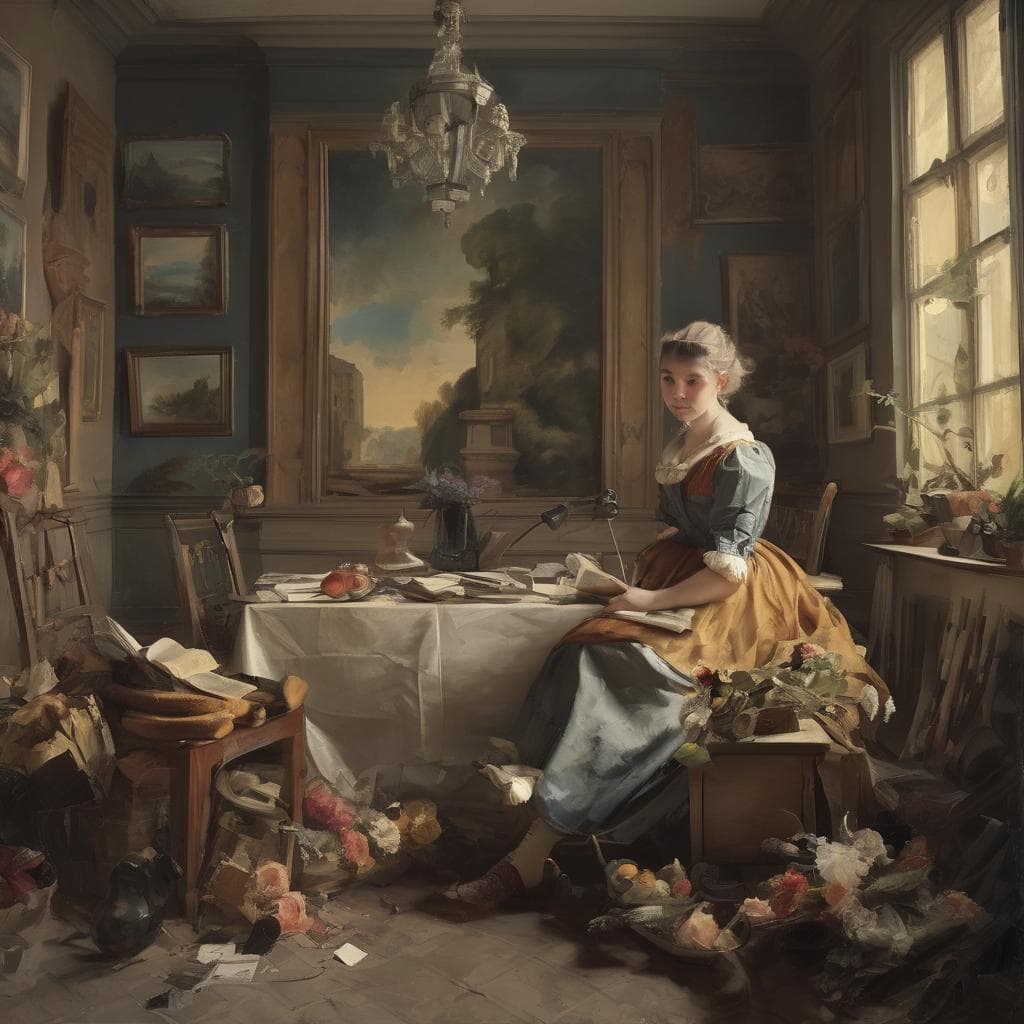 Πορτρέτο εποχής με γυναίκα σε καλλιτεχνικό περιβάλλον, σχέσεις τέχνης και ιστορίας μόδας, με ζωγραφική πινελιά.